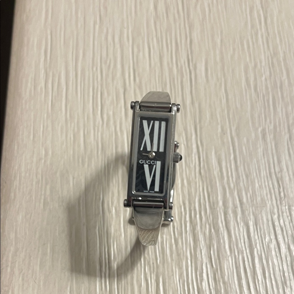 Authentic Gucci Silver Rectangular Watch with Black Roman Dial